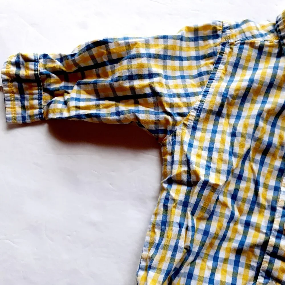 Oshkosh Boys Shirt Button Down Bodysuit Yellow Blue Plaid Long Sleeve 18 Months